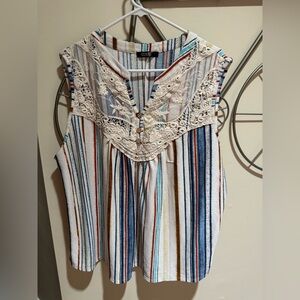 Cure Striped Crochet-Yoke Sleeveless Top in Cream Multi Bohemian Size 3XL